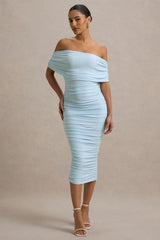 Rayleigh | Powder Blue Bardot Ruched Midi Dress