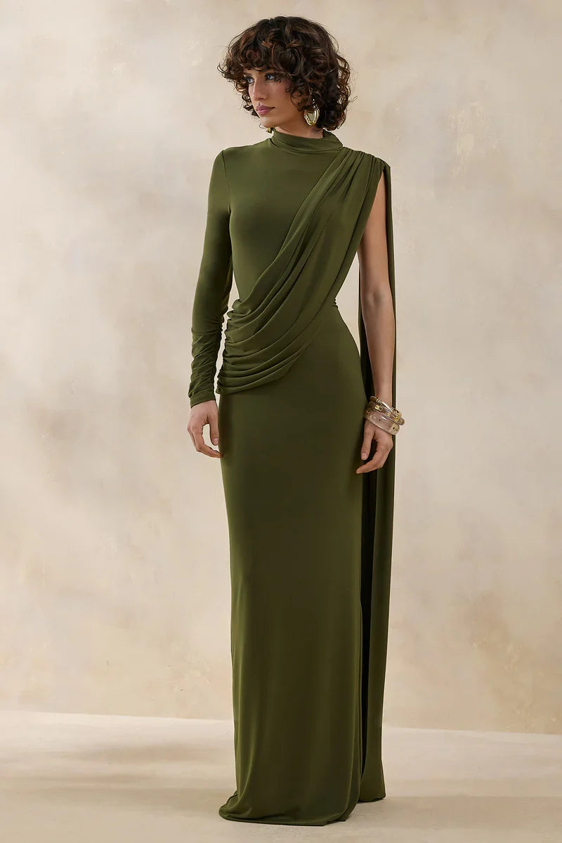 Oliria | Olive High-Neck Maxi Dress With One-Long Sleeve And Sash-Detail