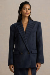 Alana | Navy Pinstripe Plunge-Neck Oversized Blazer