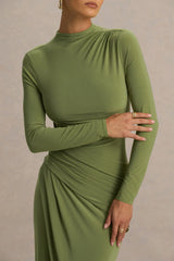 Zephyra | Olive High-Neck Wrapped Maxi Dress