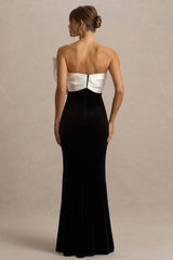 Divulge | Black And White Velvet Asymmetric-Neck Maxi Dress With Bow Detail