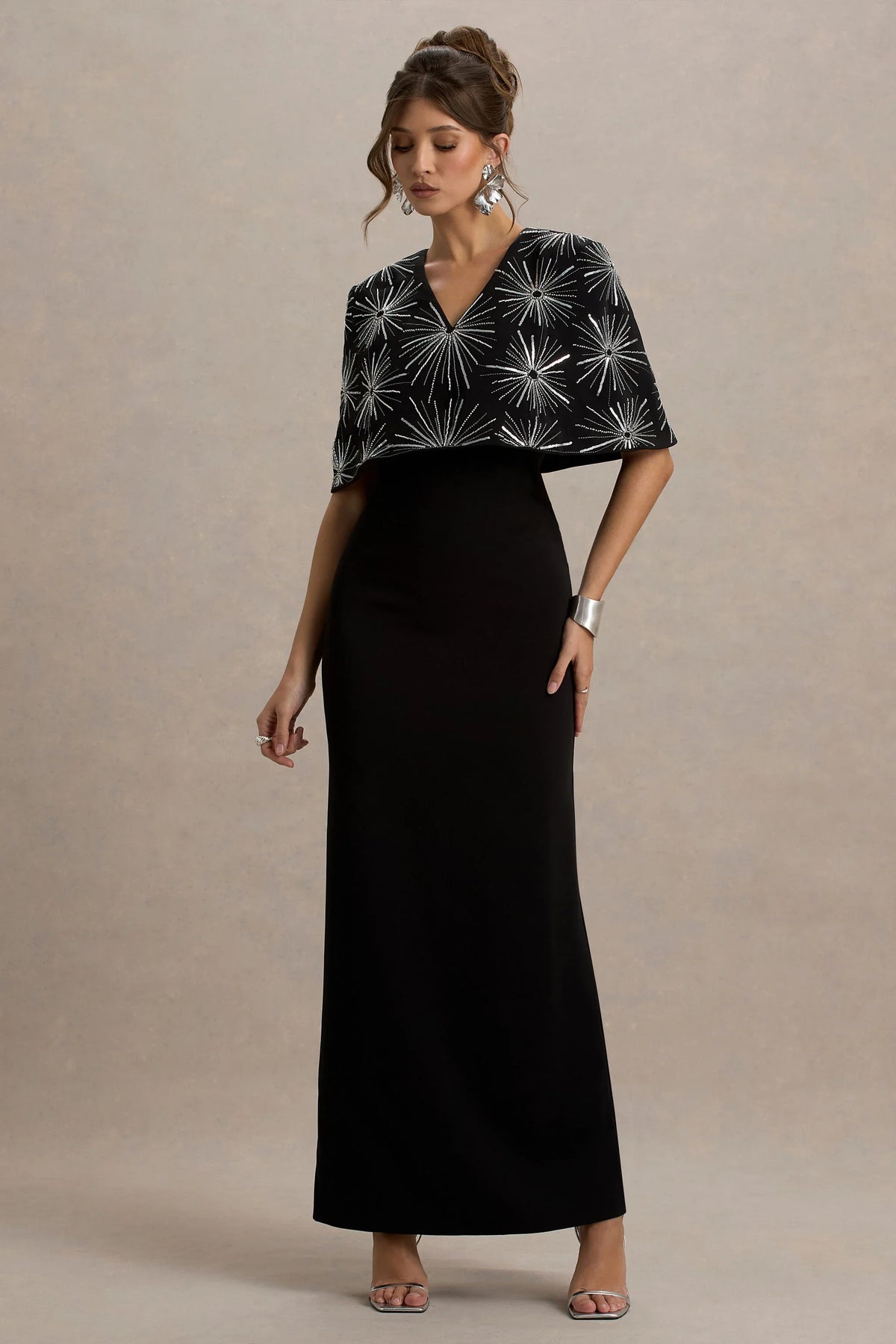 Agnella | Black Embellished V-Neck Maxi Dress