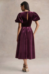Seraphic | Burgundy Velvet Puff-Sleeve Midi Dress
