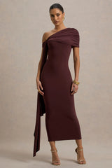 Praia | Chocolate Brown Asymmetric-Neck Midi Dress With Sash and Draped Detailing
