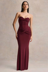 Elodia | Burgundy Bandeau Maxi Dress With Gathered-Detailing