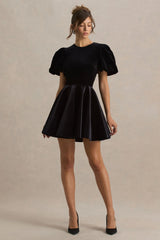 Priya | Black Velvet Mini Dress With Puff Sleeves