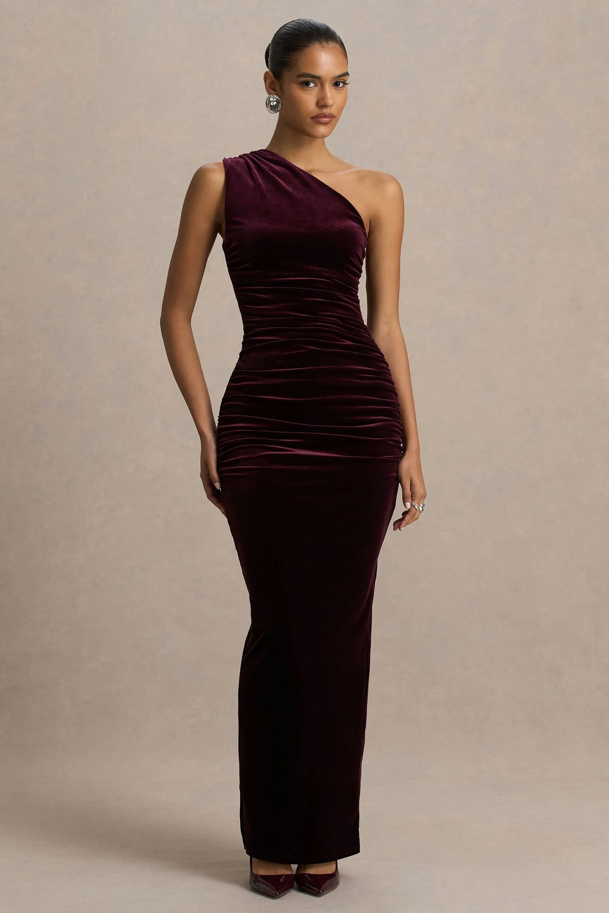 Treat | Burgundy Velvet Asymmetric-Neck Maxi Dress With Ruched Detailing.