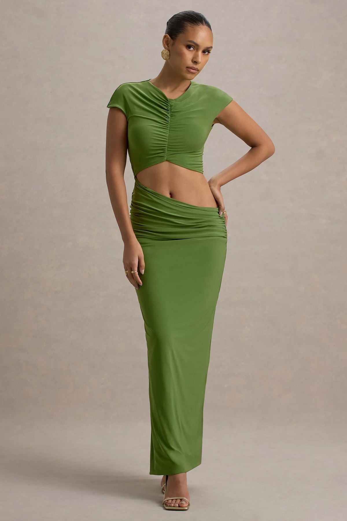 Pia | Green Short-Sleeve Maxi Dress With Cut-Out