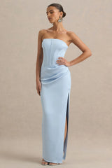 Joseline | Powder Blue Satin Corset Wrap Maxi Dress With Scarf