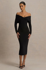 Spark | Black Bardot-Neck Midi Dress With Bow Detail