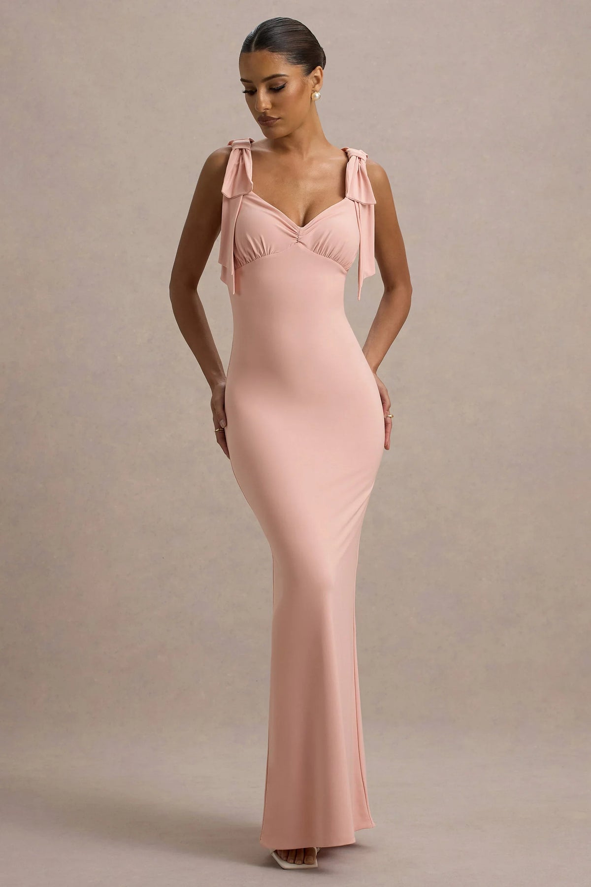 Evanna | Pink V-Neck Maxi Dress With Bow Straps