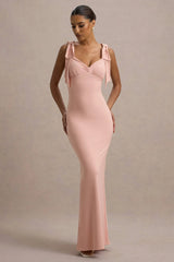 Evanna | Pink V-Neck Maxi Dress With Bow Straps