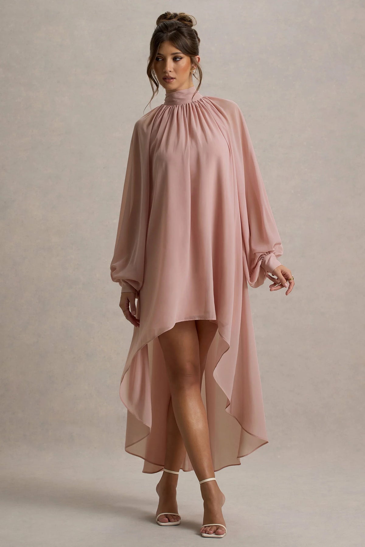 Delphia | Pale Pink High-Neck Maxi Dress With High-Low Hem