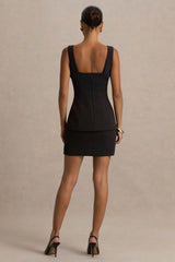 Angel | Black Plunge-Neck Tailored Mini Dress With Gold-Detailing
