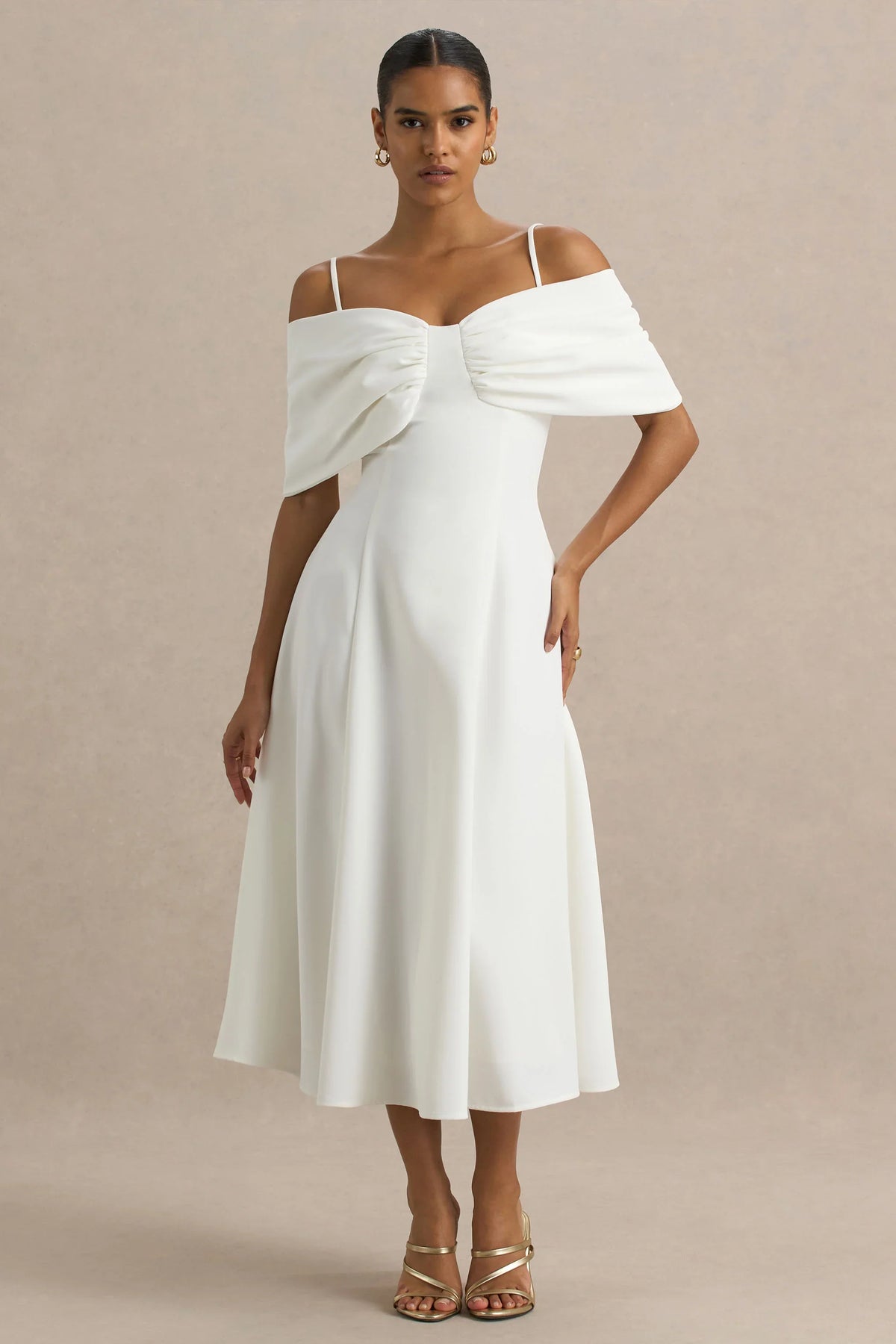 Hettie | White Short-Sleeve Bardot Midi Dress With Bow Detail