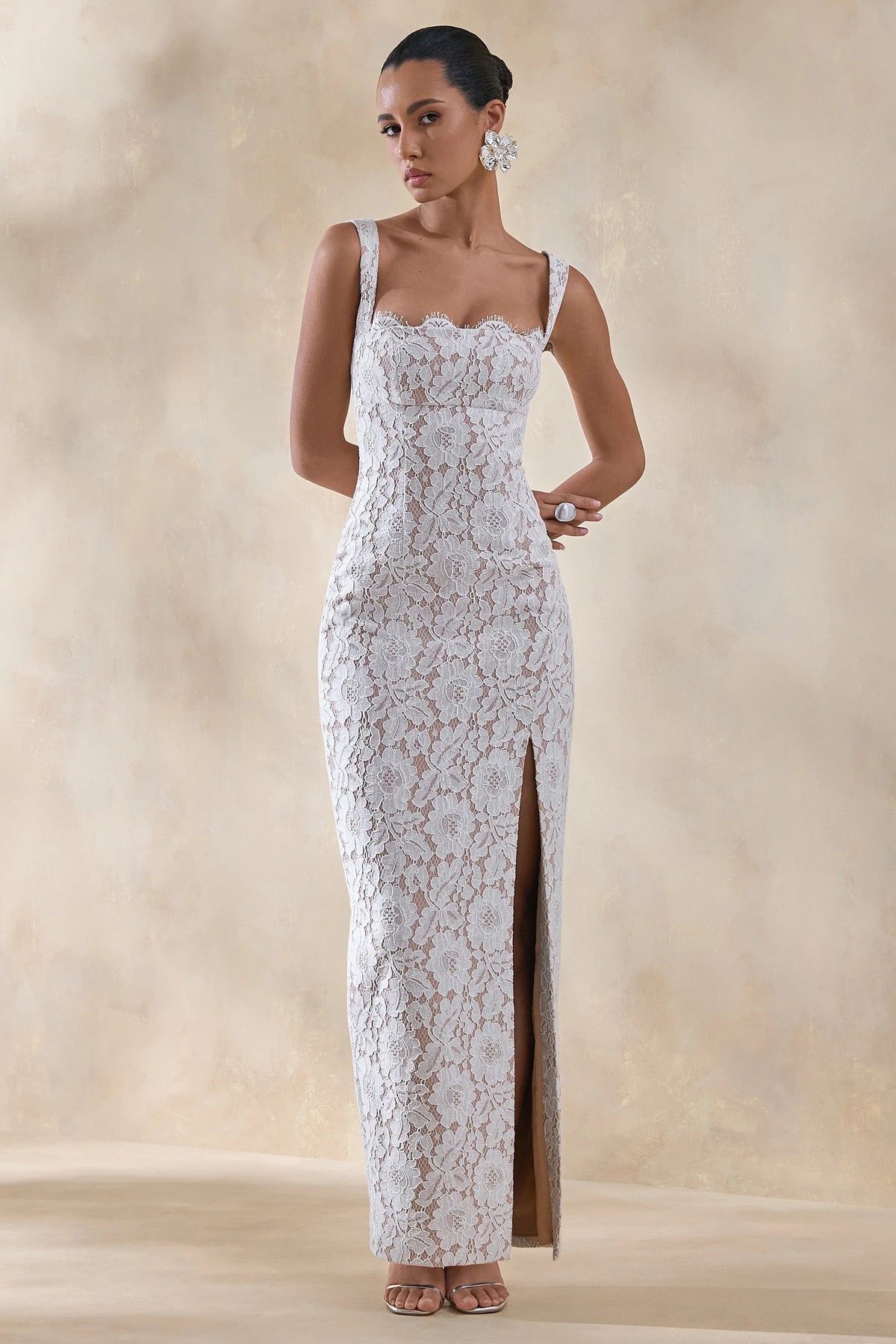 Zarisse | White Lace Square-Neck Maxi Dress