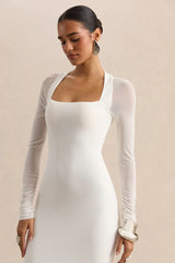 Fleurisia | White Square-Neck Maxi Dress With Mesh Long-Sleeves