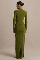 Melissa | Olive Long-Sleeve Wrap Maxi Dress With Draped Detailing