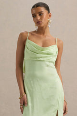 Maddie | Light Green Floral Print Satin Cowl-Neck Maxi Dress
