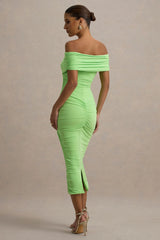 Unwrapped | Light Green Ruched Twist Bardot Midi Dress