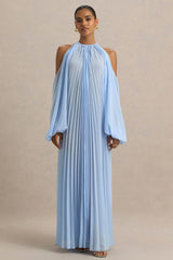 Reyna | Powder Blue Pleated Chiffon Cold-Shoulder Maxi Dress