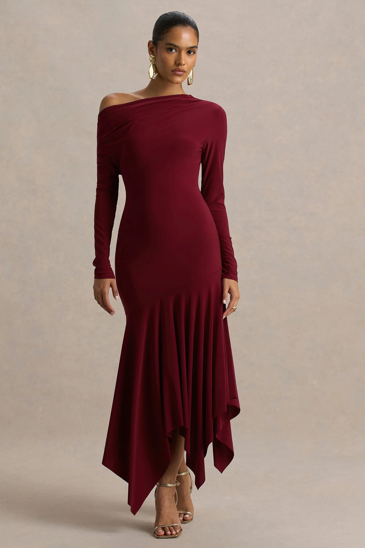 Isola | Burgundy Asymmetric-Neck Midi Dress With Hanky-Hem