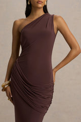 Elisa | Brown Asymmetric-Neck Maxi Dress With Open-Back And Ruched Detailing