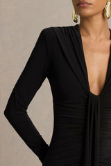 Ivara | Black Plunge-Neck Midi Dress With Ruched Detailing And Sash