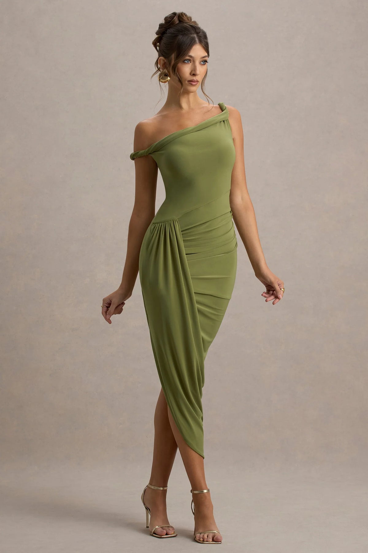 Angelique | Olive Green Twisted Asymmetric Maxi Dress