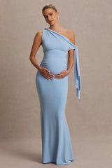 Orielle | Powder Blue Asymmetric-Neck Maternity Maxi Dress With Knot-Sleeve And Sash