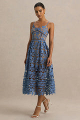 Zuri | Blue Lace Sweetheart Midi Dress With Cami Straps