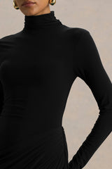 Betsy | Black High-Neck Maxi Dress With Front Split And Ruched Detailing