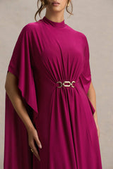 Olessia | Burgundy Belted Gathered Cape-Sleeve Maxi Dress