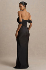 Perenna | Black Satin Sweetheart-Neck Maxi Dress With Draped-Sleeves