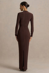 Zadie | Brown High-Neck Maxi Dress With Gathered-Detail