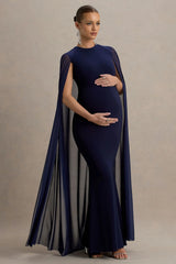 Currant | Navy Crew-Neck Maternity Maxi Dress With Cape
