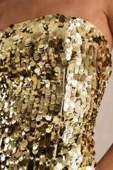 Nerea | Gold Sequin Bandeau Maxi Dress With Front High-Split