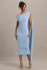 Niamh | Powder Blue Asymmetric Midi Dress With Drape