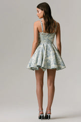Seashell | Light Blue Jacquard Embellished Sweetheart-Neck Skater Mini Dress