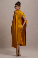 Nalda | Mustard Square-Neck Midi Dress With Cape Sleeves