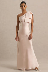 Valerie | Light Pink Satin Asymmetric-Neck Maxi Dress With Bow Detail