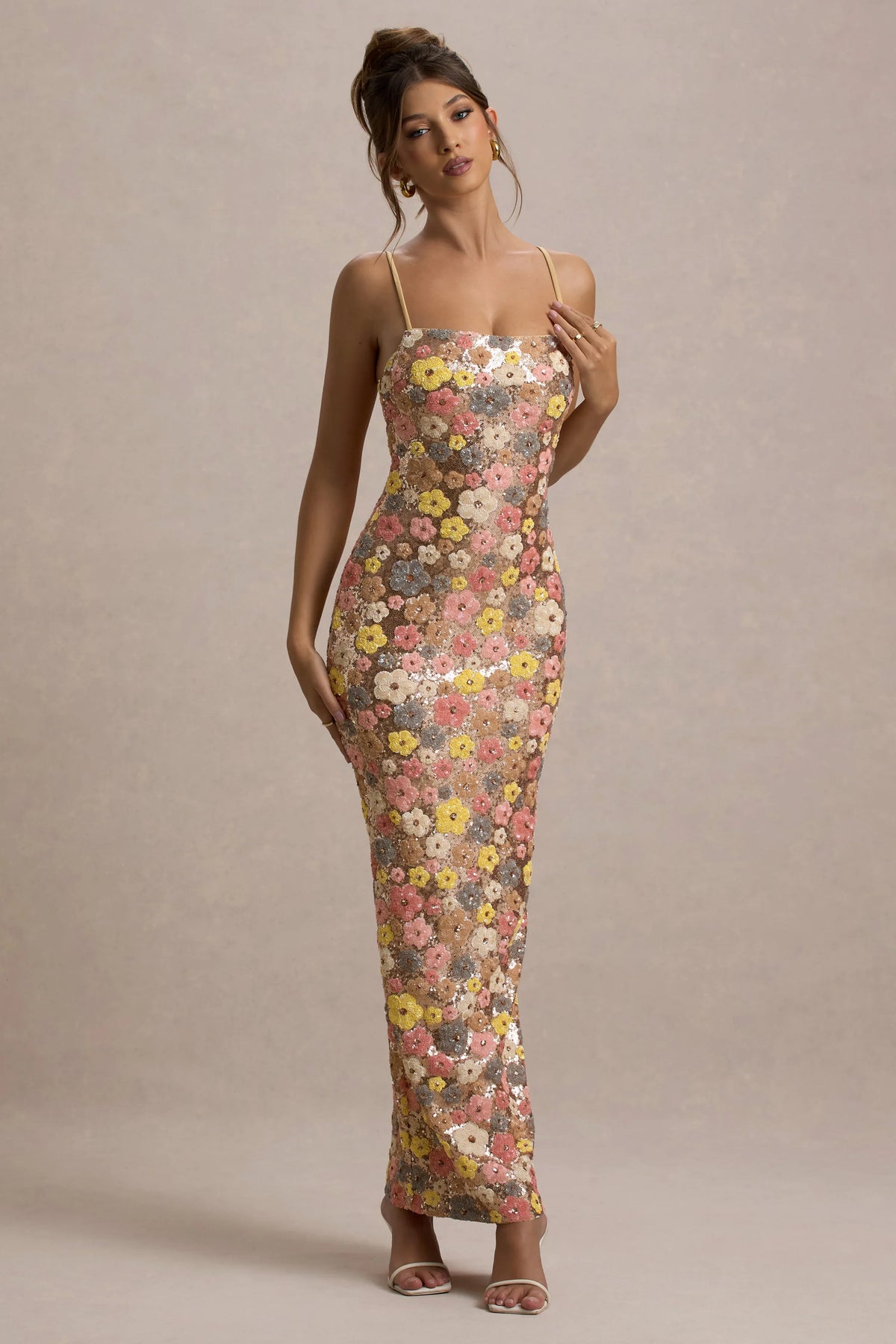 Vitora | Pastel Floral Print Embellished Sequin Square-Neck Maxi Dress