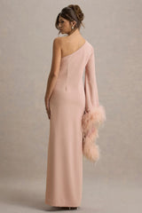 Armina | Blush Pink One-Shoulder Feather-Trim Maxi Dress
