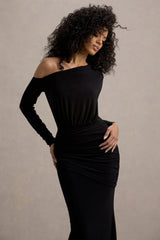 Deanna | Black Asymmetric Long-Sleeve Ruched Maxi Dress