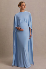 Padma | Powder Blue Draped Maternity Maxi Dress With Cape Sleeves