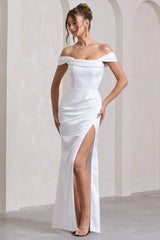 Kimberly | White Bardot  Satin Maxi Dress