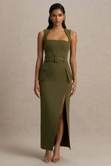 Sandra | Olive Square-Neck Tailored Maxi Dress With Front-High Split