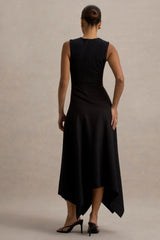 Francesca | Black Knotted Midi Dress With Handkerchief Hem
