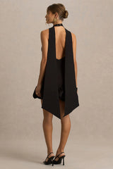 Geneve | Black Halter-Neck Mini Dress With Ruffled Trim