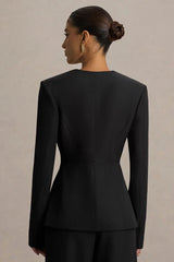 Rosalina | Black Extreme-Plunge Neck Tailored Blazer